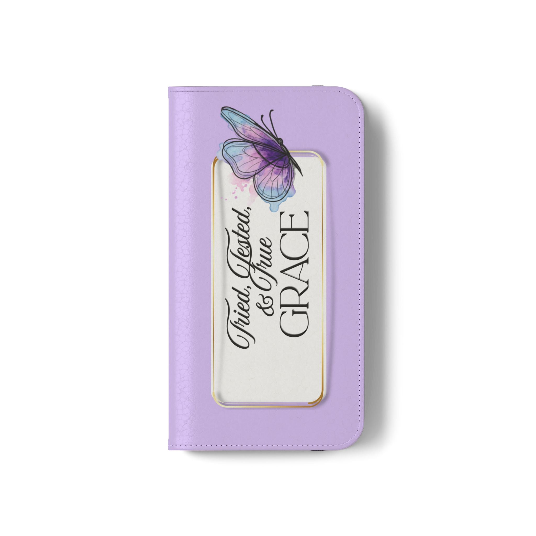 Lavender Flip Phone Case – “Tried, Tested, God’s Given Grace” Wallet Cover