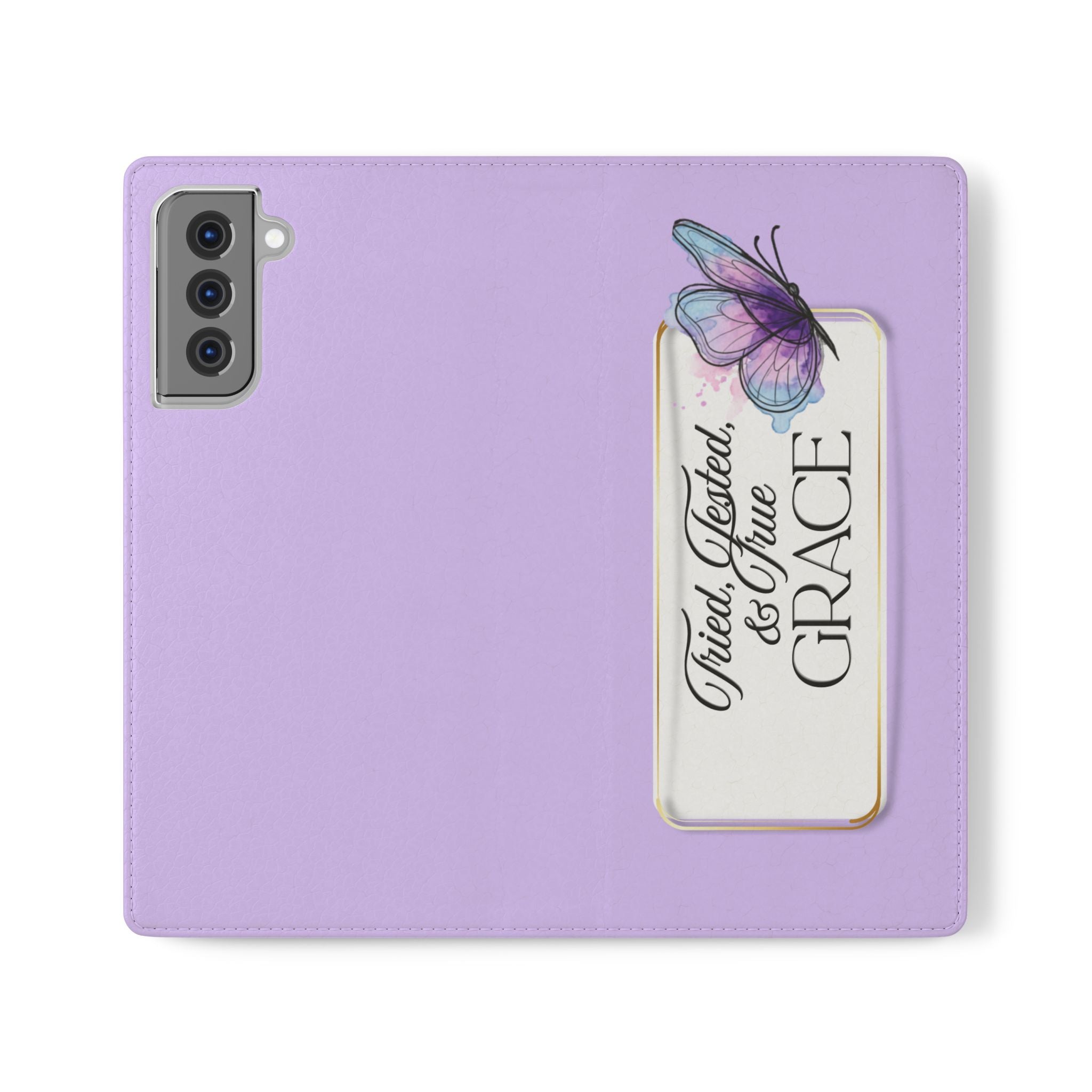 Lavender Flip Phone Case – “Tried, Tested, God’s Given Grace” Wallet Cover