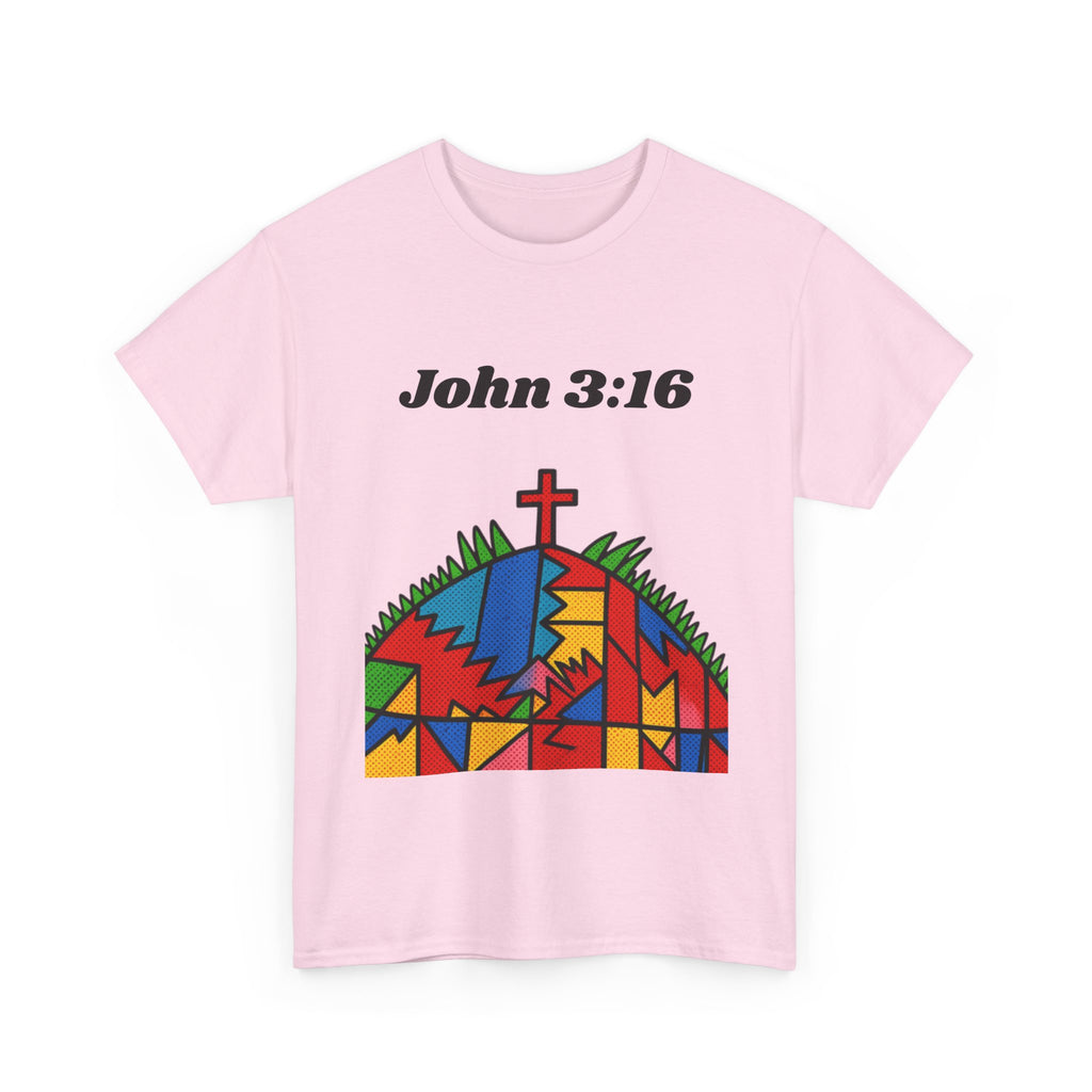 John 3:16 Christian T‑Shirt — Colorful Cross & Hill Faith Tee