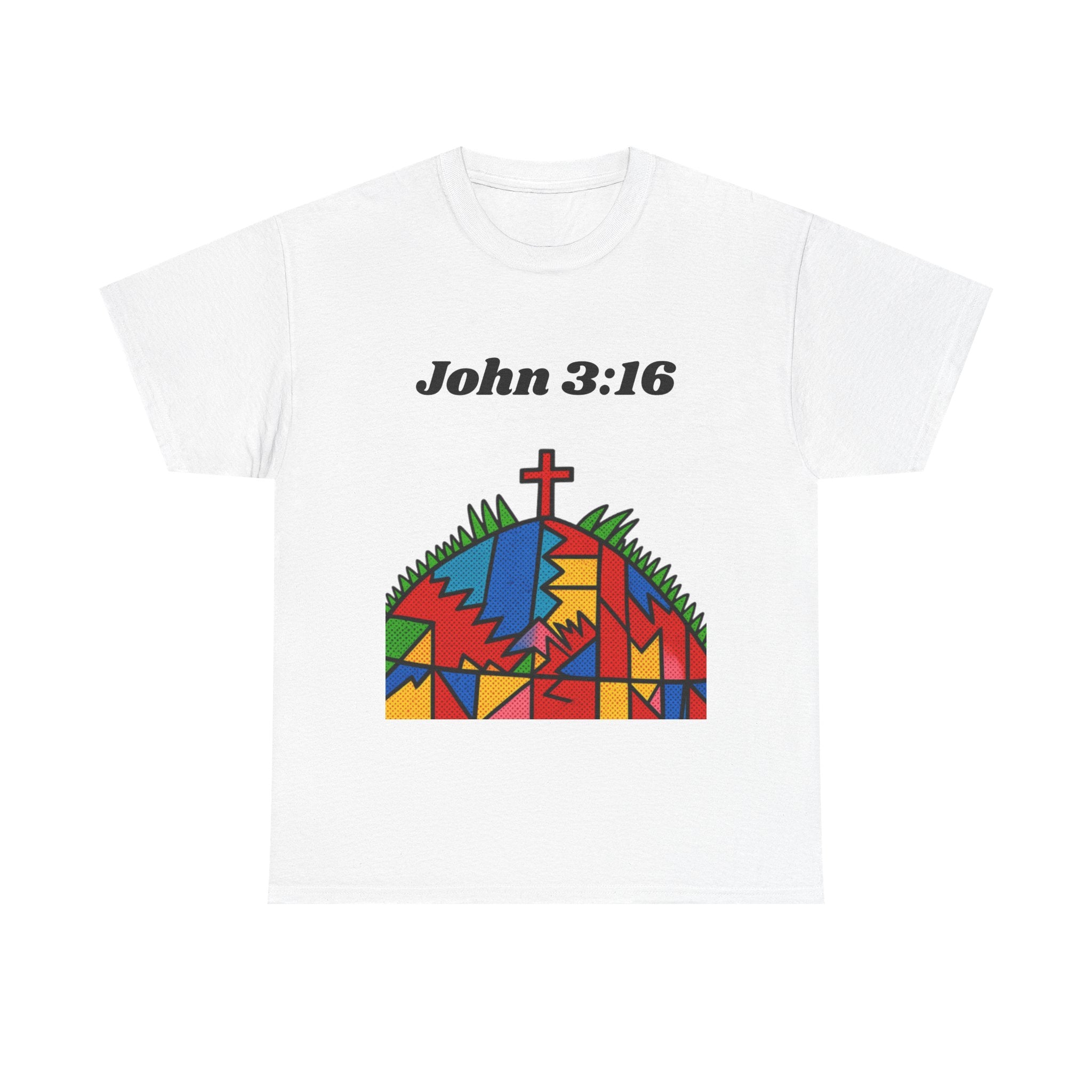 John 3:16 Christian T‑Shirt — Colorful Cross & Hill Faith Tee