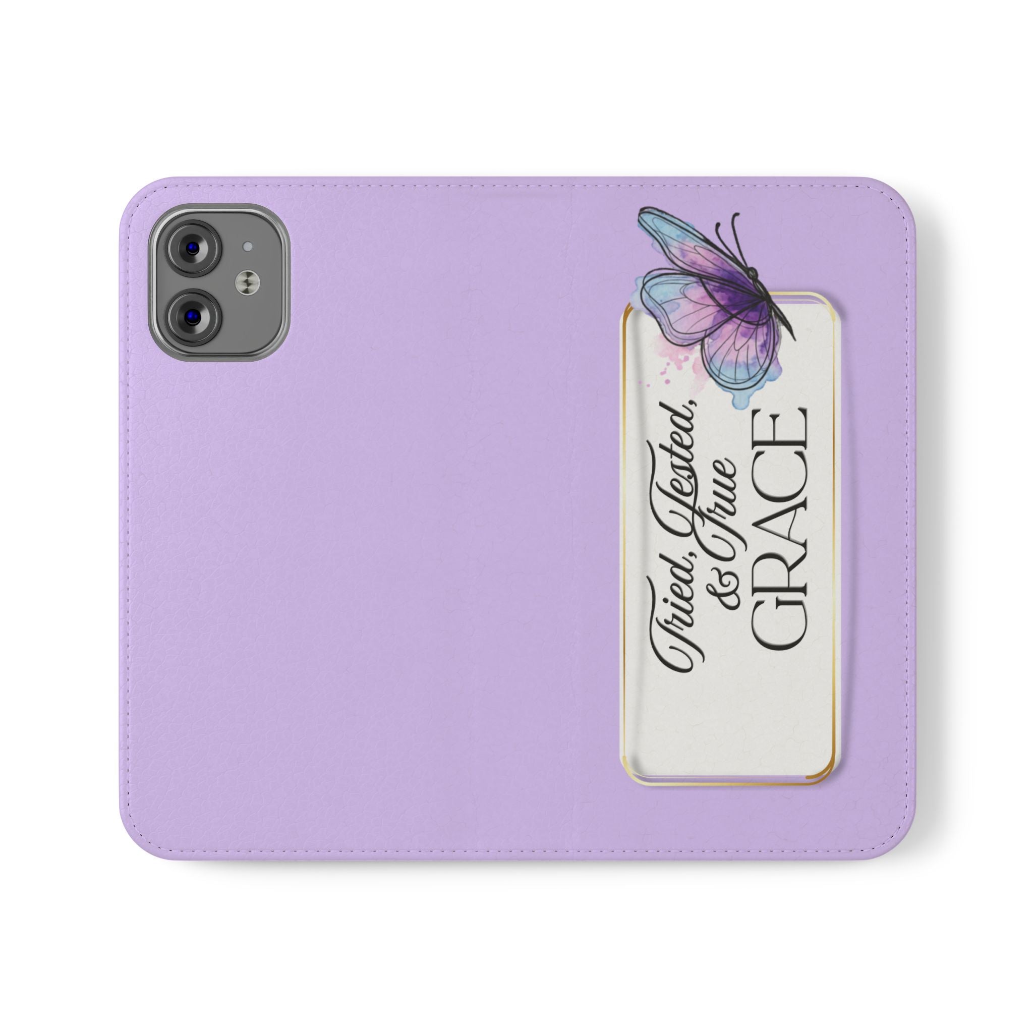 Lavender Flip Phone Case – “Tried, Tested, God’s Given Grace” Wallet Cover