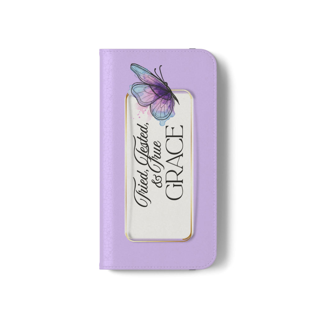 Lavender Flip Phone Case – “Tried, Tested, God’s Given Grace” Wallet Cover