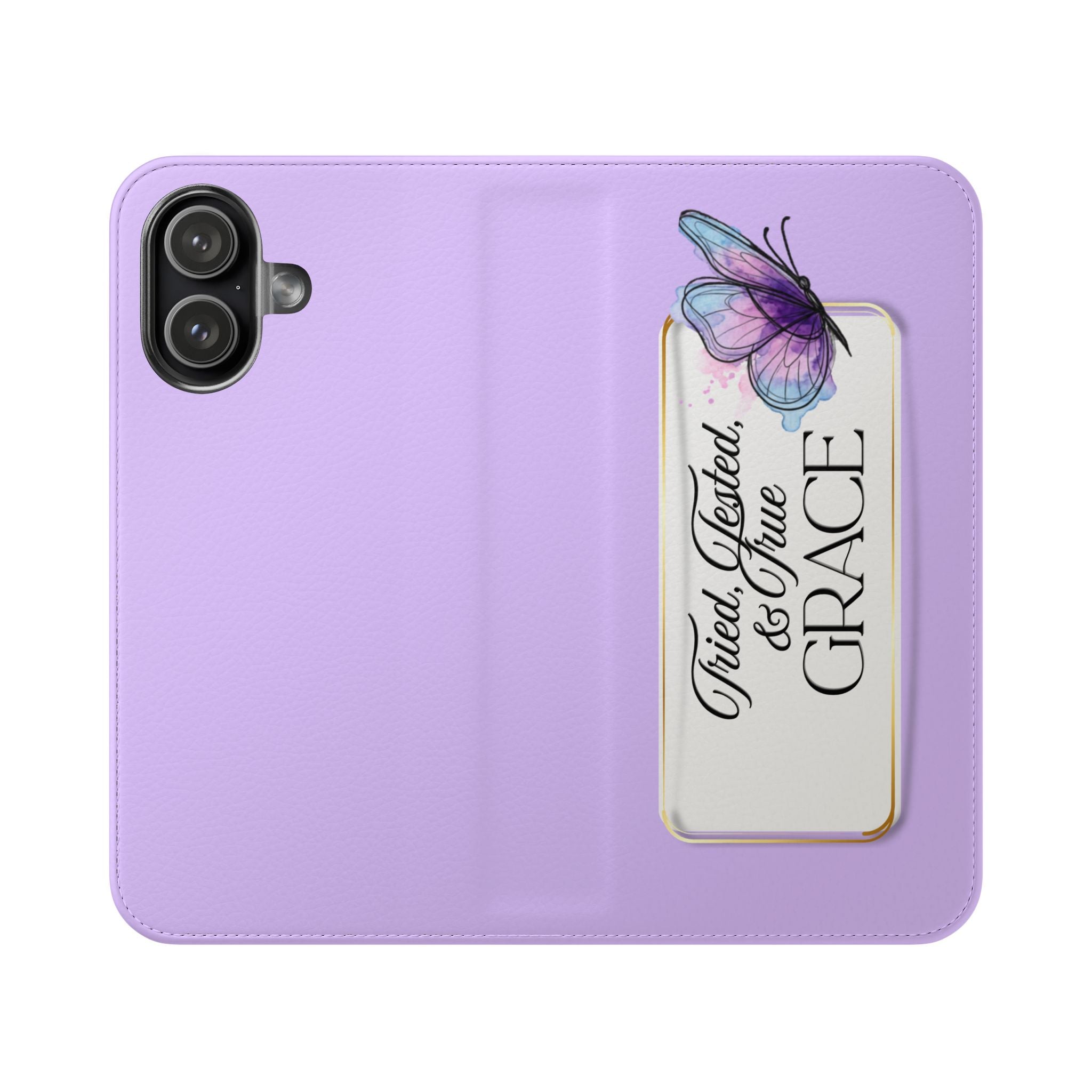 Lavender Flip Phone Case – “Tried, Tested, God’s Given Grace” Wallet Cover