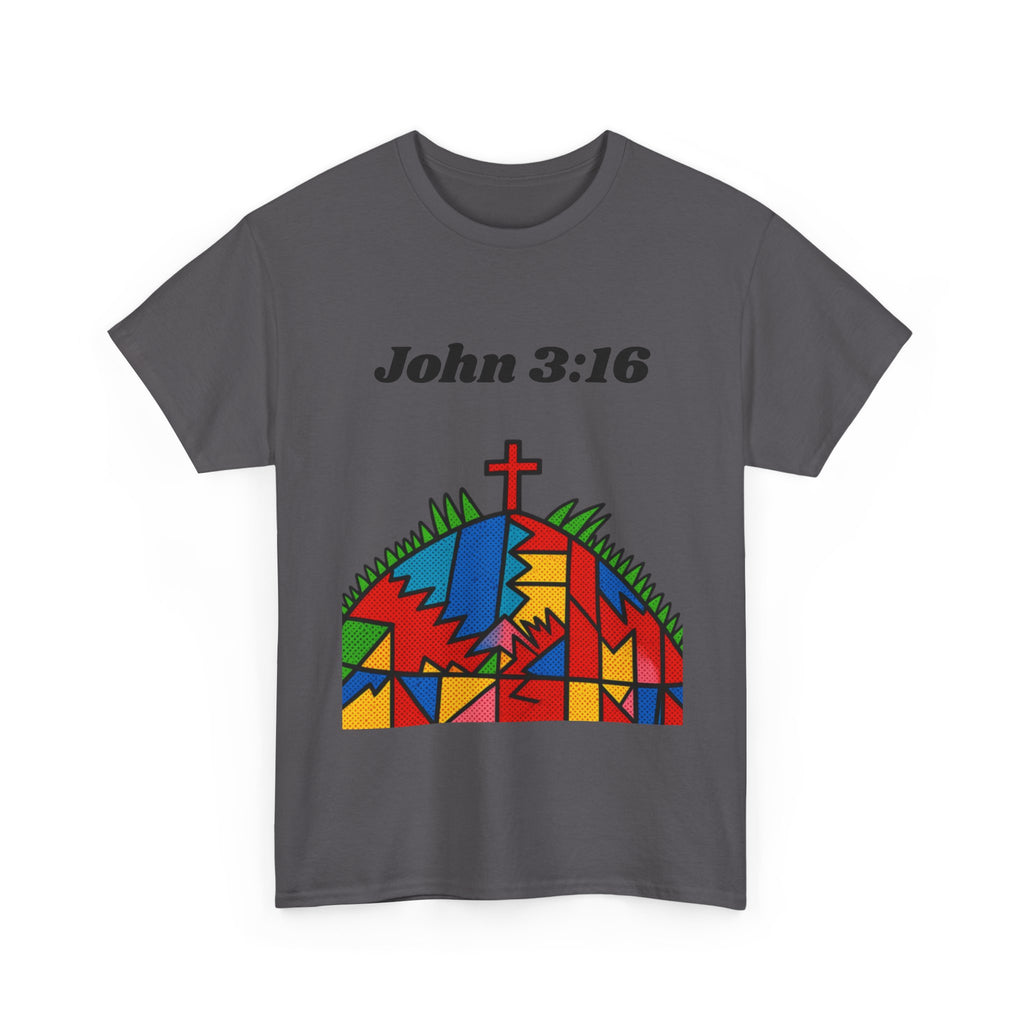 John 3:16 Christian T‑Shirt — Colorful Cross & Hill Faith Tee