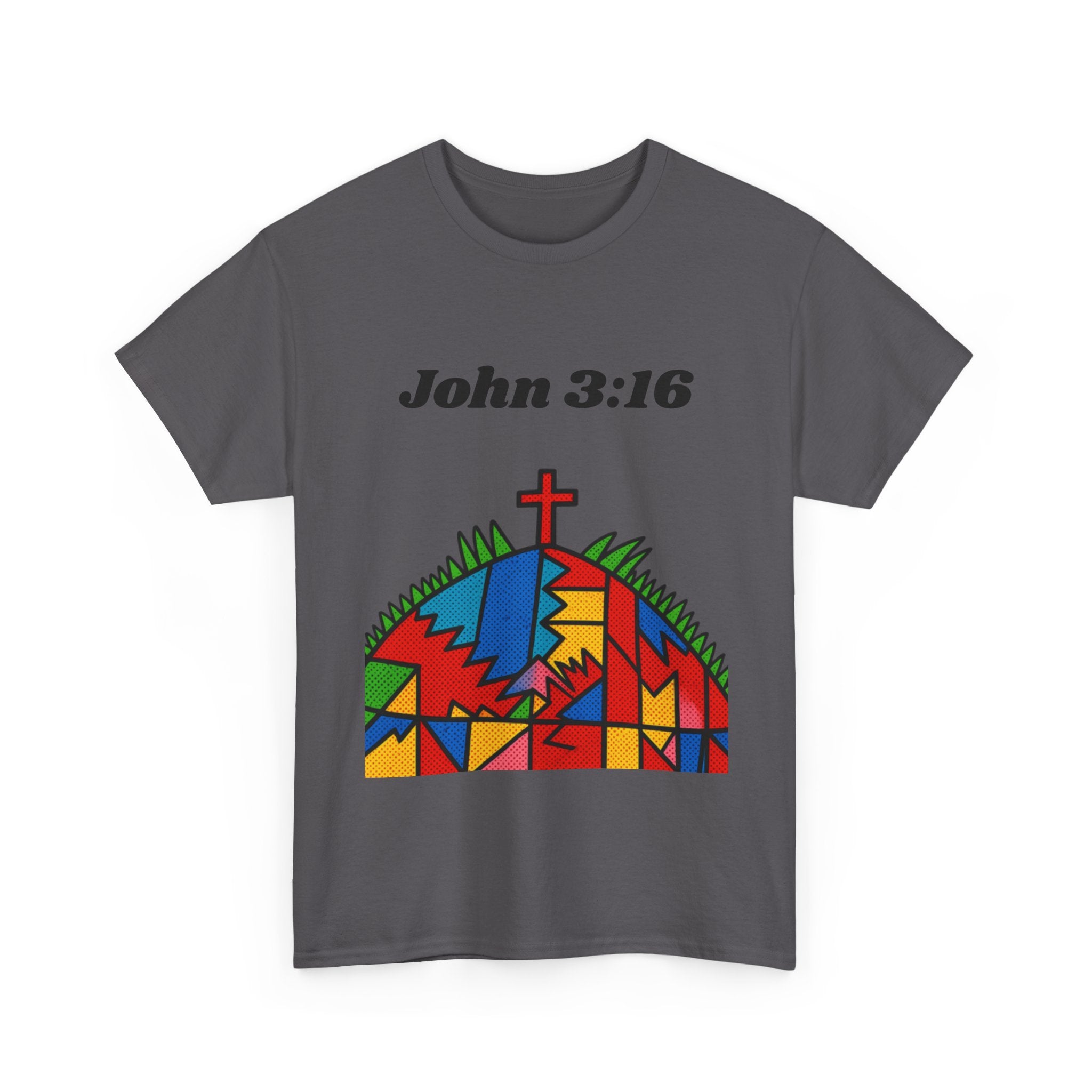 John 3:16 Christian T‑Shirt — Colorful Cross & Hill Faith Tee