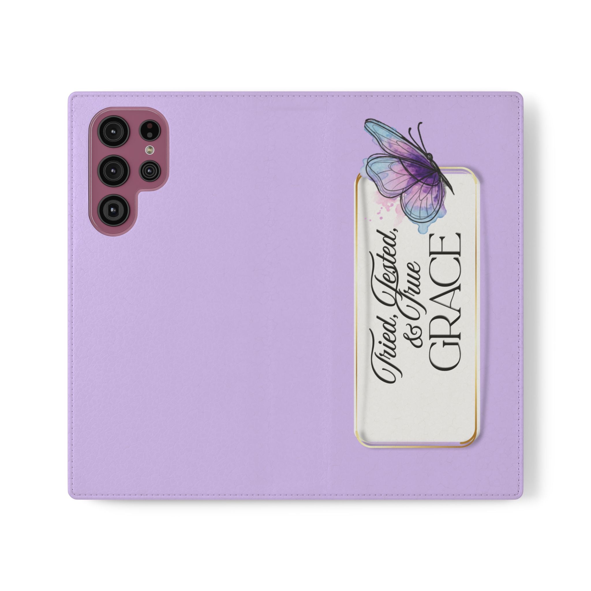 Lavender Flip Phone Case – “Tried, Tested, God’s Given Grace” Wallet Cover