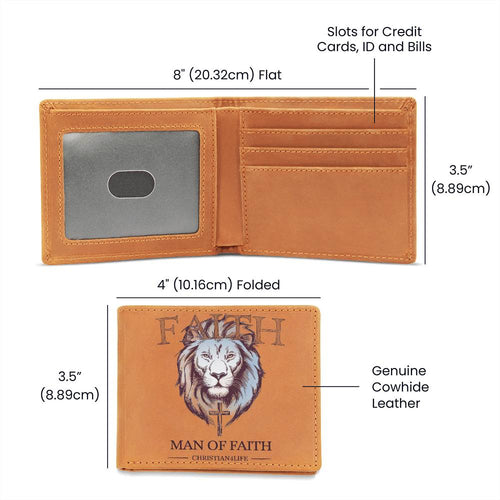 "Man of Faith" Lion and Cross Graphic Leather Wallet - Christian Leather Wallet, Christian Gift